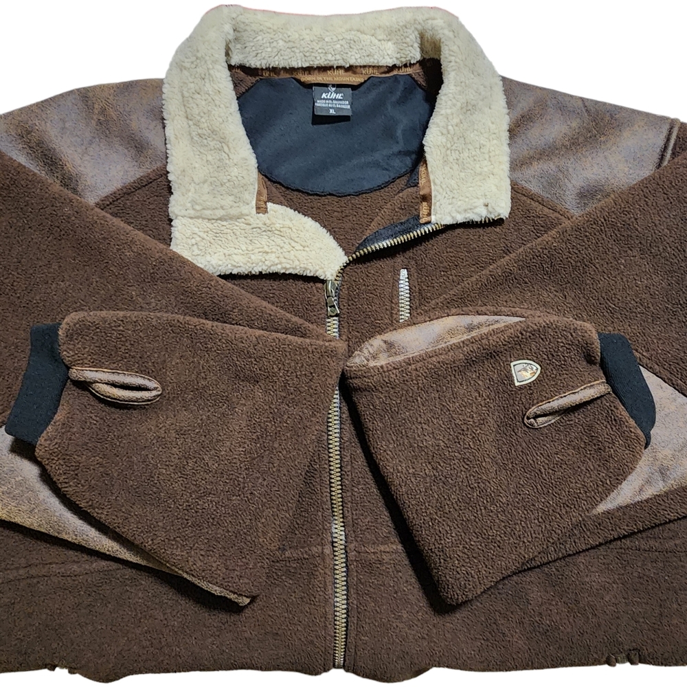Kuhl Men's Alpenwurx Brown Full Zip Sherpa Collar Faux Leather Fleece Jacket XL - Picture 10 of 11